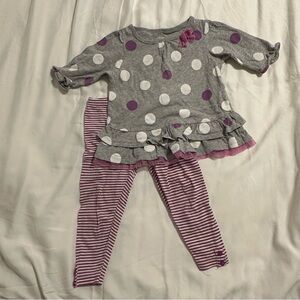 Gray Polka Dot Ruffle Top & Pink Striped Leggings Set